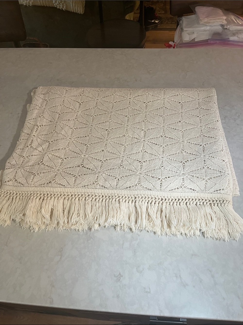 Vtg Crochet Lace  Fringe edge Coverlet Bedspread HEAVY  114” x 80”